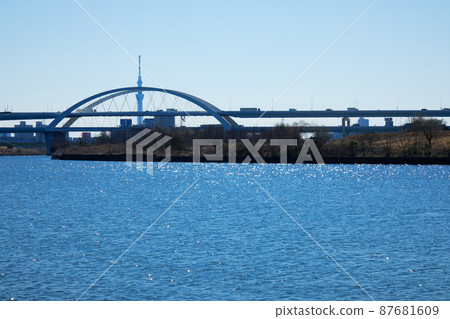 Goshikizakura Bridge over the Arakawa River, Kohoku Junction, and Tokyo Skytree 87681609