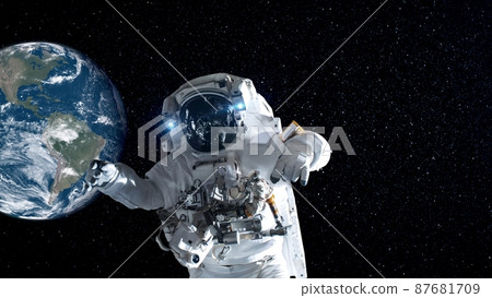 Astronaut spaceman do spacewalk while working for spaceflight mission 87681709