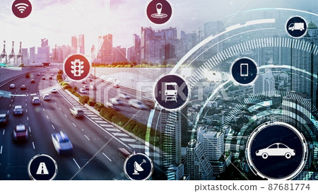 Smart transport technology concept for future car traffic on newish city road Smart transport technology concept for future car traffic on newish city road 87681774