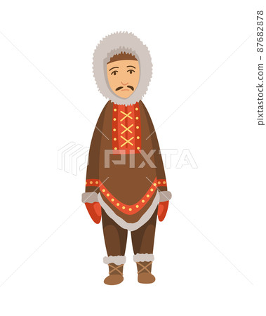 Polar eskimo character. Indigenous man wearing traditional warm clothes. Traditional ethnic character standing Polar eskimo character. Indigenous man wearing traditional warm clothes. Traditional ethnic character standing 87682878