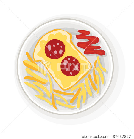 Breakfast or lunch top view. Delicious, healthy food on porcelain dish. Classic hearty breakfast. Nicely served food on white plate Breakfast or lunch top view. Delicious, healthy food on porcelain dish. Classic hearty breakfast. Nicely served food on white plate 87682897