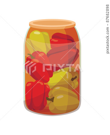 Jar preserved vegetables. Can of pickled pepper. Cartoon canned food in glass. Grocery conserve container Jar preserved vegetables. Can of pickled pepper. Cartoon canned food in glass. Grocery conserve container 87682898