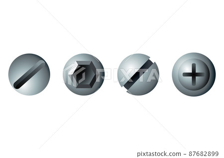 Set of metal screw, bolt and rivet heads. Collection of different industrial or DIY elements for fixing. Isolated realistic vector illustration Set of metal screw, bolt and rivet heads. Collection of different industrial or DIY elements for fixing. Isolated realistic vector illustration 87682899