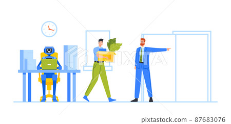 Modern Artificial Intelligence Robot Machine Replace Human. Job Loss due to Technological Advancement, Dismiss Modern Artificial Intelligence Robot Machine Replace Human. Job Loss due to Technological Advancement, Dismiss 87683076