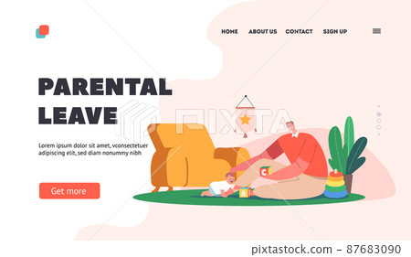 Parental Leave Landing Page Template. Father and Little Son Playing Toys Sitting on Floor. Happy Family Loving Relations 87683090