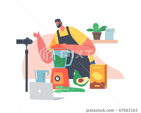 Food Blogger Explain on Camera How to Cook Healthy Meal. Male Character Cooking for Video Blog. Man Chef Teach Cook 87683103