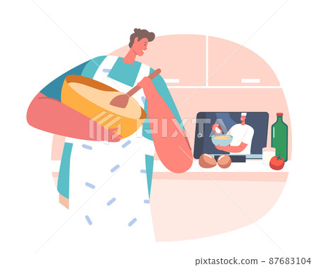 Male Character Watch Cooking Tutorial at Video Blog, Man Mixing Dough in Bowl Listen Food Blogger Tell How to Cook 87683104