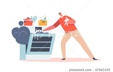 Single Father on Maternity Leave Concept. Dad Cooking Dinner on Kitchen, Little Baby Sitting on Hands, Family Routine Single Father on Maternity Leave Concept. Dad Cooking Dinner on Kitchen, Little Baby Sitting on Hands, Family Routine 87683105