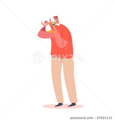 Dad with Rattle Playing with Child. Parenthood, Childhood, Father on Maternity Leave Concept. Family Fun, Leisure, Game 87683123