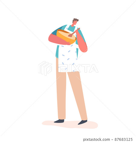 Male Character Cooking Food. Young Man in Chef Apron Mixing Dough in Bowl on Kitchen Prepare Meal for Family Dinner Male Character Cooking Food. Young Man in Chef Apron Mixing Dough in Bowl on Kitchen Prepare Meal for Family Dinner 87683125