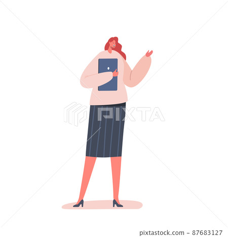 Female Character Speaking with Folder in Hands. Psychiatrist, Teacher, Psychologist, Business Couch. Professional Tutor Female Character Speaking with Folder in Hands. Psychiatrist, Teacher, Psychologist, Business Couch. Professional Tutor 87683127