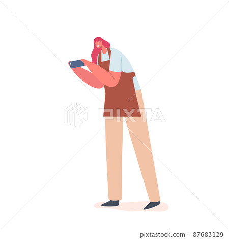 Food Blogging Concept. Female Blogger Character Wear Apron Take a Photo of Prepared Dish on Smartphone Food Blogging Concept. Female Blogger Character Wear Apron Take a Photo of Prepared Dish on Smartphone 87683129