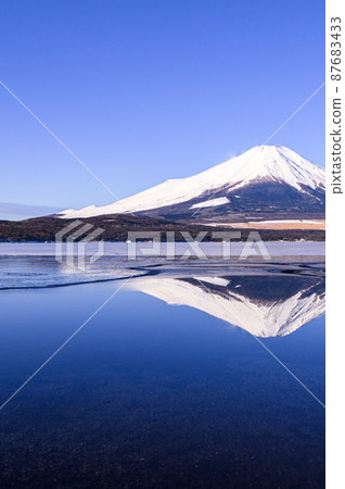 (Yamanashi Prefecture) Frozen Lake Yamanaka and a spectacular view of Mt. Fuji upside down 87683433