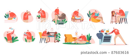 Set Single Father on Maternity Leave Care of Child. Dad Feed, Walk with Stroller, Swaddle, Washing, Play and Fun, Cook Set Single Father on Maternity Leave Care of Child. Dad Feed, Walk with Stroller, Swaddle, Washing, Play and Fun, Cook 87683616