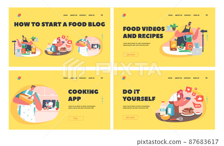 Food Blogging Landing Page Template Set. Blogger Characters Create Content Cook and Recording Culinary Video for Blog Food Blogging Landing Page Template Set. Blogger Characters Create Content Cook and Recording Culinary Video for Blog 87683617
