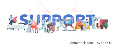Robots Support Elderly People Concept. Futuristic Technology for Seniors. Ai Cyborg Walk with Old Man on Wheelchair 87683619
