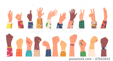 Set of Gesturing Human Hands , Diverse Characters Arms Expressing Emotions with Palms and Fingers. Black and White Hands Set of Gesturing Human Hands , Diverse Characters Arms Expressing Emotions with Palms and Fingers. Black and White Hands 87683642