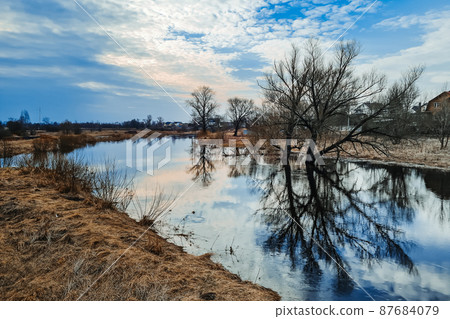Northern landscape in early spring. High water, swampy countryside. Ecological tourism. Trees and blue sky are reflected in the water. Northern landscape in early spring. High water, swampy countryside. Ecological tourism. Trees and blue sky are reflected in the water. 87684079