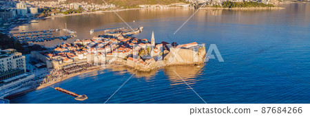 budva old town montenegro in the evening, drone photography BANNER, LONG FORMAT budva old town montenegro in the evening, drone photography BANNER, LONG FORMAT 87684266