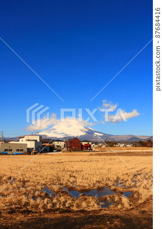 Beautiful Mt. Fuji covered with white snow and rice fields in winter as seen from Ashigara Beautiful Mt. Fuji covered with white snow and rice fields in winter as seen from Ashigara 87684416