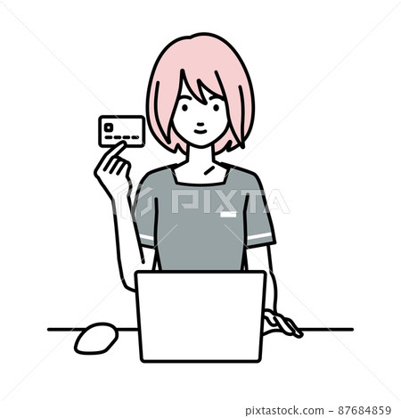Esthetician clerk / receptionist woman sitting at a desk and using a PC while holding a credit card Esthetician clerk / receptionist woman sitting at a desk and using a PC while holding a credit card 87684859