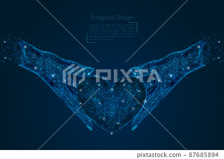Abstract isolated image of human hand holding heart. Polygonal low poly style illustration looks like stars in the blask night sky in spase or flying glass shards. Abstract isolated image of human hand holding heart. Polygonal low poly style illustration looks like stars in the blask night sky in spase or flying glass shards. 87685894