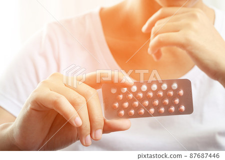 Woman take birth control pills before sex. Woman take birth control pills before sex. 87687446