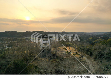 Aerial view of the evening view of Matsuyama Castle Ruins in Shibushi City 87688077