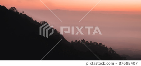 Beautiful view of mountains and white mist 87688407