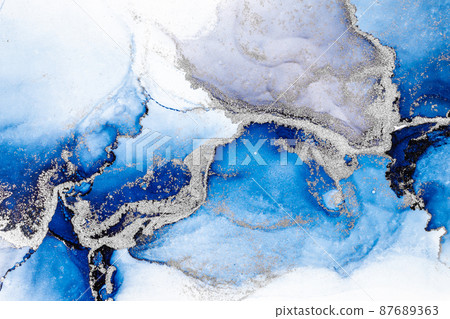 Blue silver abstract background of marble liquid ink art painting on paper . Blue silver abstract background of marble liquid ink art painting on paper . 87689363