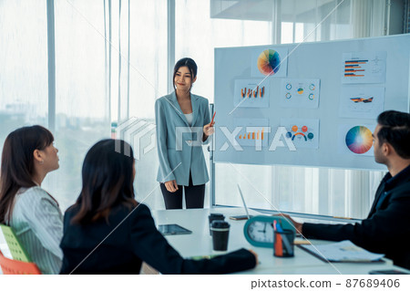 Business people proficiently discuss work project while sitting in circle 87689406