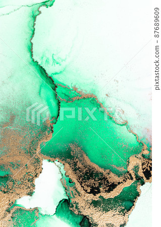 Green gold abstract background of marble liquid ink art painting on paper . 87689609