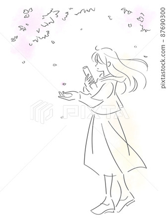 站著的女人B[有色] 試著撿起隨風舞動的櫻花花瓣 87690300