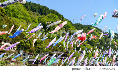 Koinobori scenery fluttering in the spring breeze "Tsuetate Onsen Koinobori Festival" (Higo / Oguni) Tourist attraction 87690985