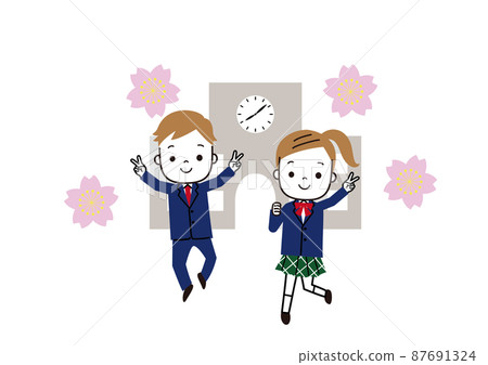 Male and female students jumping up with a V sign School building and cherry blossoms 87691324