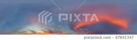 Panorama of a dark blue sunset sky with pink Cumulus clouds. Seamless hdr 360 panorama in spherical equiangular format. Full zenith for 3D visualization, sky replacement for aerial drone panoramas. Panorama of a dark blue sunset sky with pink Cumulus clouds. Seamless hdr 360 panorama in spherical equiangular format. Full zenith for 3D visualization, sky replacement for aerial drone panoramas. 87691347