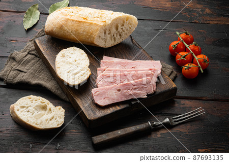 Spam sandwich, on old dark wooden table background Spam sandwich, on old dark wooden table background 87693135