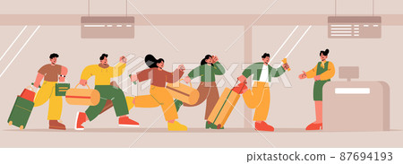 People running at airport, worried tourists run 87694193