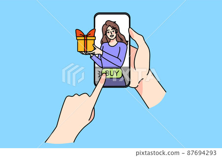 Person buy present online on cellphone app Person buy present online on cellphone app 87694293