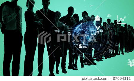 People and networks Silhouettes and network images of multinational people 87694311