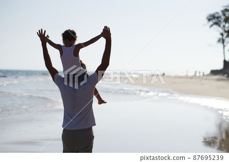 Father and Daughter Walking on Beach 87695239