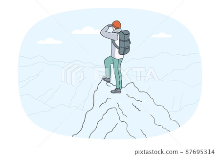 Man tourist on mountain peak look in distance Man tourist on mountain peak look in distance 87695314