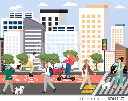 Pedestrian traffic. People walk in street, cross road at crosswalk on green light, roller skate, ride scooter, vector. 87695472