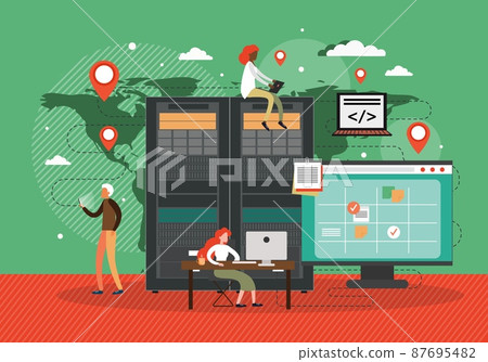 Computer server racks, engineers developing software. Data storage and transfer. System network administration, vector 87695482