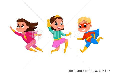 Brave joyful kids wearing colorful superheroes costumes set cartoon vector illustration Brave joyful kids wearing colorful superheroes costumes set cartoon vector illustration 87696107