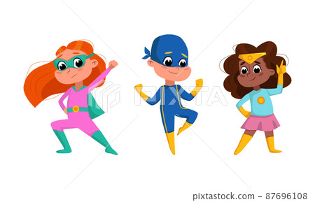 Brave kids superheroes set. Cute joyful boy and girl wearing colorful comics costumes cartoon vector illustration 87696108