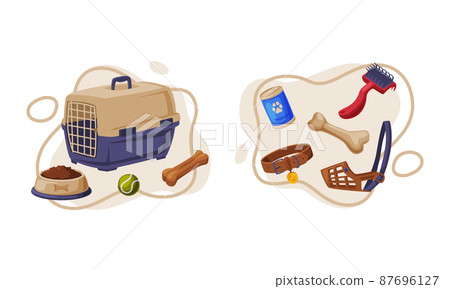 Pet animals stuff. Cat and dog supplies and accessories set cartoon vector illustration Pet animals stuff. Cat and dog supplies and accessories set cartoon vector illustration 87696127