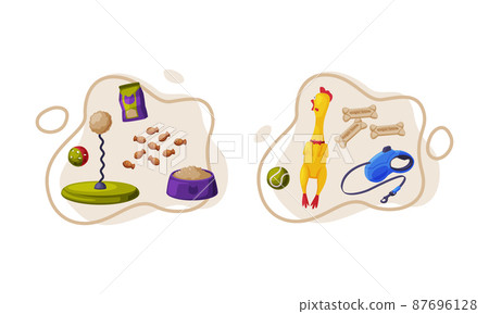 Pet animals stuff. Cat and dog food, toys and accessories set cartoon vector illustration Pet animals stuff. Cat and dog food, toys and accessories set cartoon vector illustration 87696128