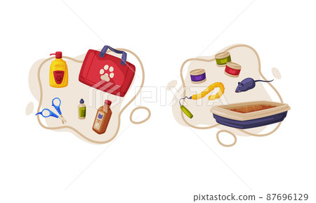 Pet animals stuff. Cat and dog care supplies and accessories set cartoon vector illustration Pet animals stuff. Cat and dog care supplies and accessories set cartoon vector illustration 87696129