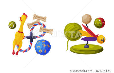 Pet animals stuff. Cat and dog toys and accessories set cartoon vector illustration Pet animals stuff. Cat and dog toys and accessories set cartoon vector illustration 87696130